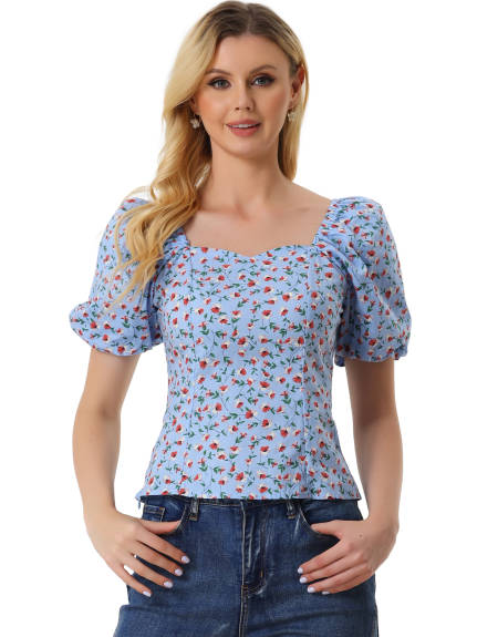 Allegra K- Puff Sleeve Sweetheart Neck Smocked Floral Top