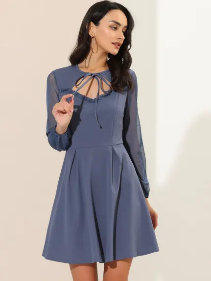 Allegra K- Tie Neck Mini-robe à manches longues en maille à volants