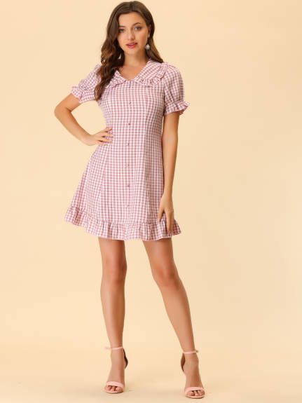 Allegra K- Checks Ruffled Peter Pan Collar Mini Dress