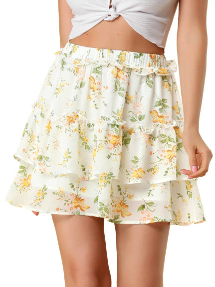 Allegra K- Layered Ruffle Elastic Waist Floral Mini Skirt