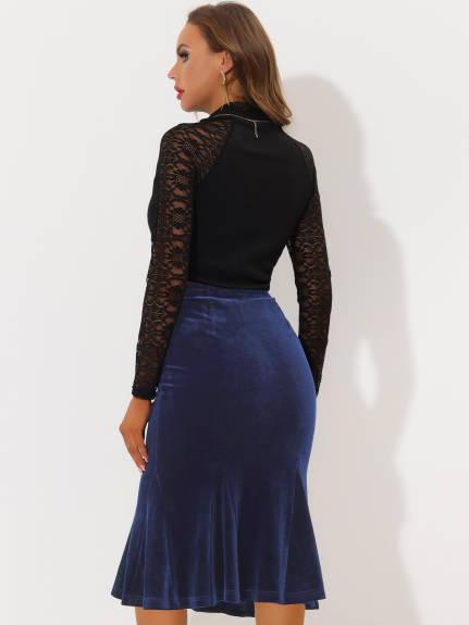 Allegra K- Elastic Waist Velvet Fishtail Bodycon Skirt