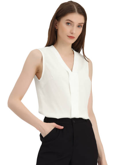 Allegra K - Pleated Front V Neck Sleeveless Work Blouse