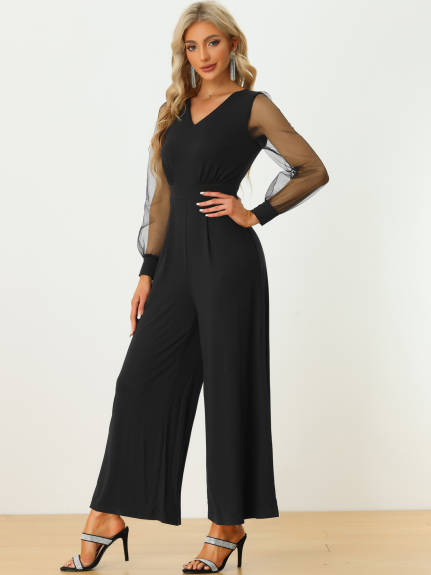 Allegra K - Mesh Long Sleeve V Neck Wide Leg Jumpsuit