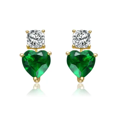 Genevive Sterling Silver 14k Gold Plated with Colored Cubic Zirconia Two-Stone Heart Earrings