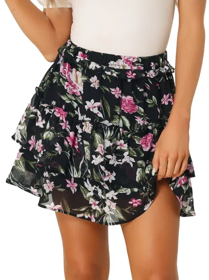 Allegra K- Layered Ruffle Elastic Waist Floral Mini Skirt