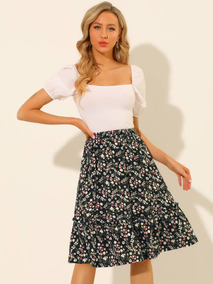 Allegra K- Ruffle Hem Tiered A-Line Floral Midi Skirt