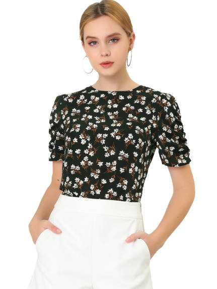 Allegra K- Floral Crew Neck Shirred Short Sleeve Blouse