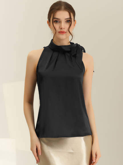 Allegra K - Satin Sleeveless Tie Neck Work Blouse