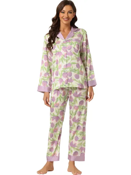 cheibear - Floral Button Down Silk Sleepwear 2pcs Set