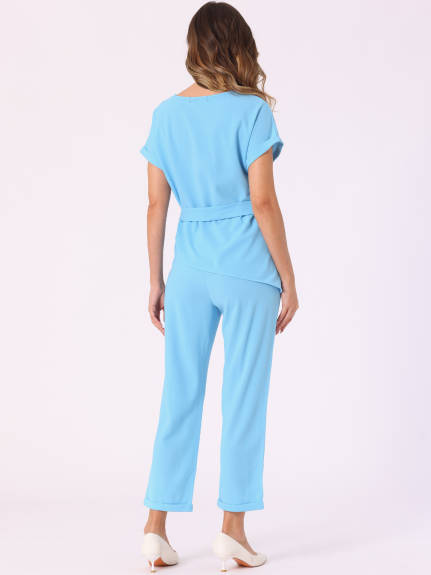 Allegra K - 2 Piece Round Neck Short Sleeve Suit Set