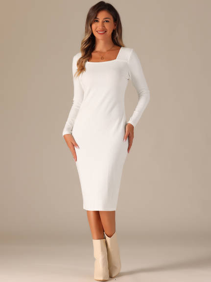 Allegra K - Square Neck Belt Bodycon Long Sleeve Dress