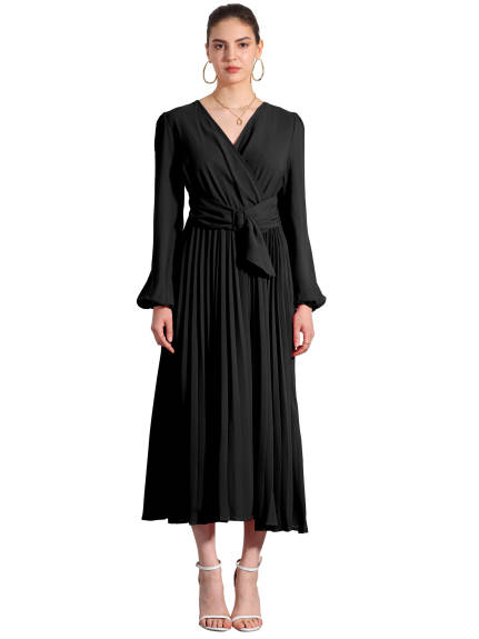 Allegra K - Pleated V-Neck Puff Sleeve Midi Dress