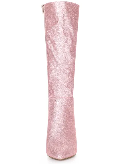 Allegra K - Glitter Stiletto Heel Knee High Boots