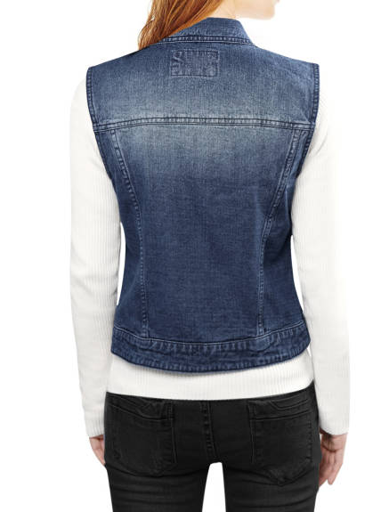 Allegra K- Washed Denim Buttoned Vest with Flap Pockets