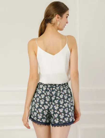 Allegra K - Elastic Waist Lace Trim Summer Floral Shorts