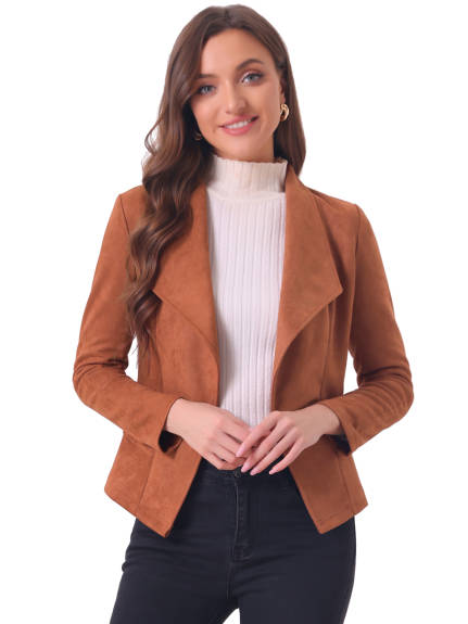 Allegra K- Faux Suede Open Front Lapel Draped Jacket Cardigan