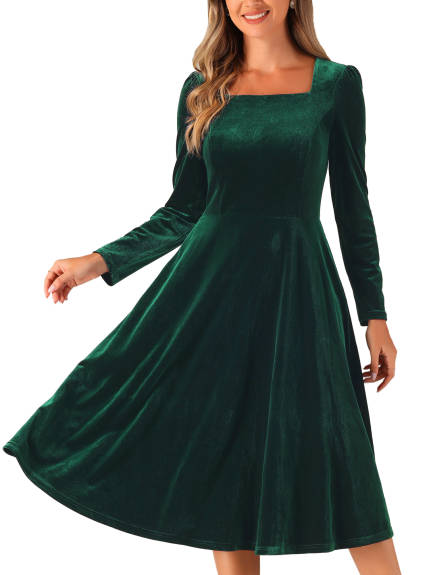 Allegra K - Square Neck Velvet Puff Sleeve Dress