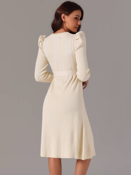 Allegra K - Puff Long Sleeve Tie Waist Midi Dress