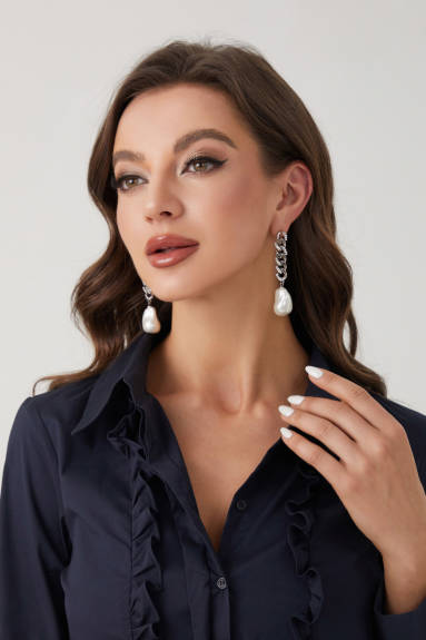 Classicharms-Silver Chain Baroque Pearl Drop Earrings