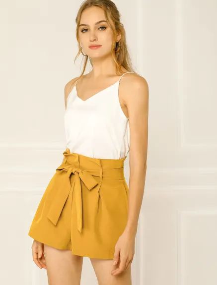 Allegra K- Bow Belt High Paper Bag Waist Shorts