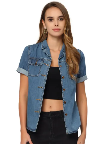 Allegra K- Button Down Notched Collar Jean Shirt