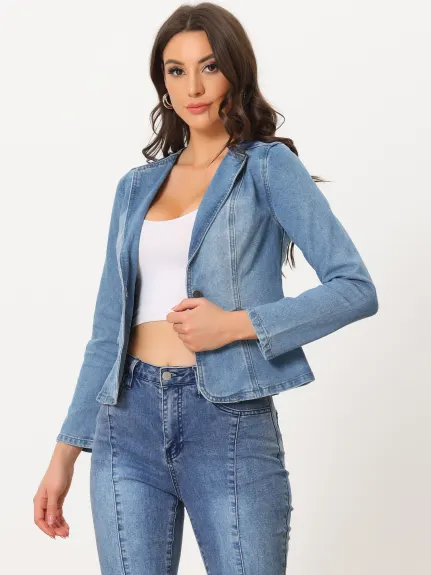 Allegra K- vestes en Jean élastique col revers