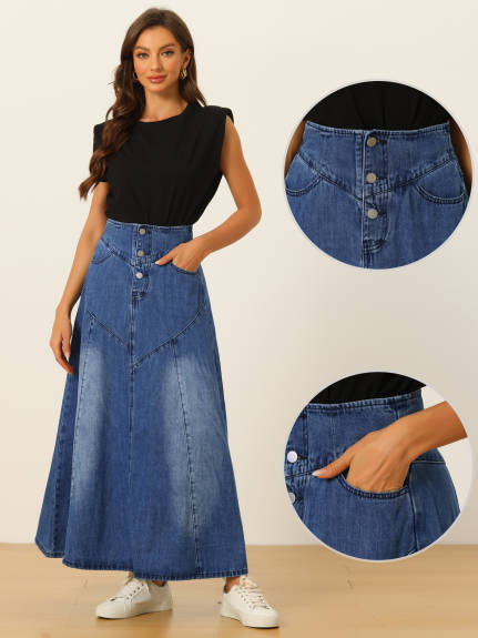 Allegra K- High Waisted A-Line Flared Maxi Denim Skirt