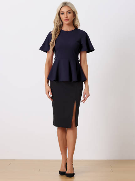 Allegra K - Bell Sleeve Belted Waist Peplum Top