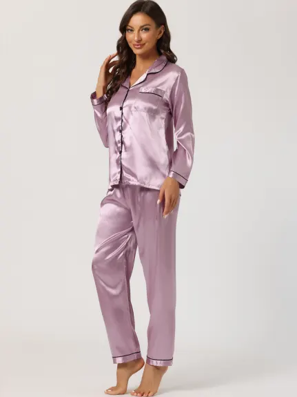 Allegra K - Satin Button Down Lounge Pajama Sets