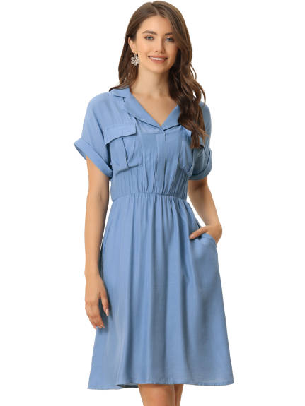 Allegra K- Notched Lapel V-Neck A-Line Shirt Dress