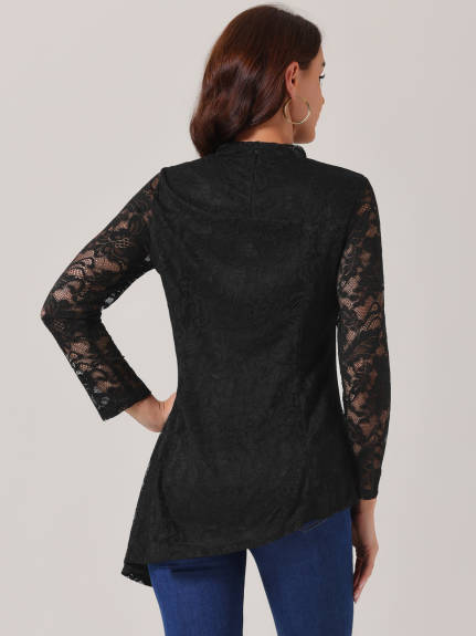 Allegra K - Lace Long Sleeve Mock Neck Blouse