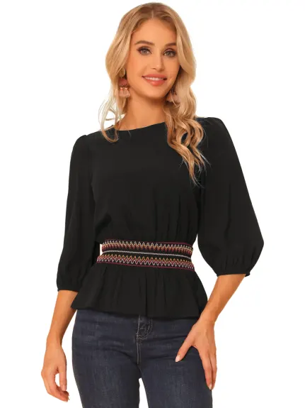 Allegra K- Blouse en Peplum manches 3/4 taille Smocked