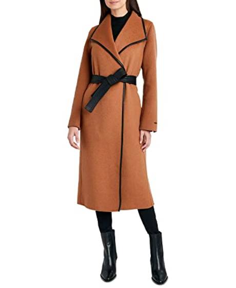 Tahari - Women's Juliette Double Face Wool Belted Coat with Faux Leather Trim