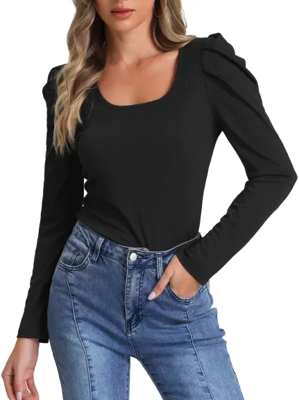 Allegra K - Long Puff Sleeve Ribbed Tunic Blouse