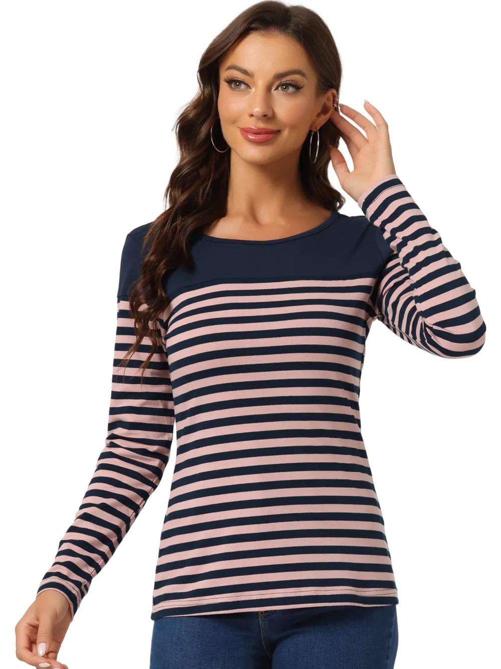 Allegra K- Striped T-Shirt Color Block Long Sleeve Round Neck