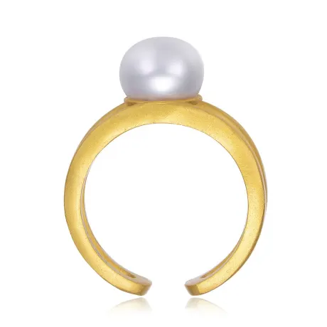 Genevive Sterling Silver 14k Gold Plated with Genuine Freshwater Pearl Solitaire Open Ring