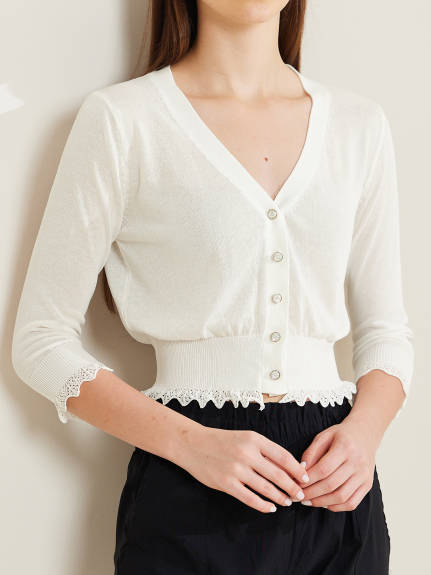 Allegra K - Ruffle Button Down Knit Cardigan