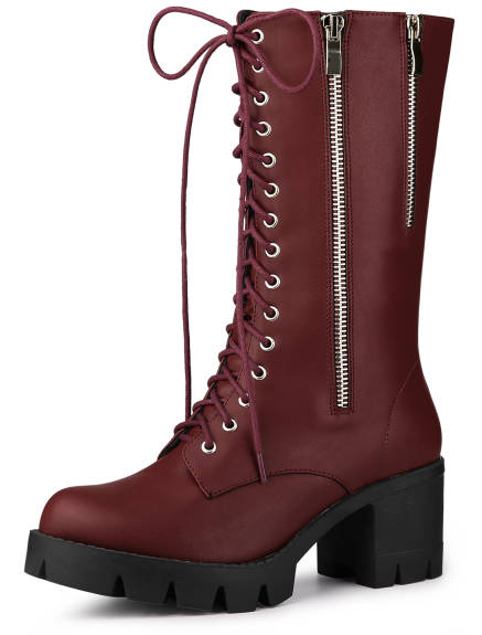 Allegra K - Lace Up Chunky Mid Calf Combat Boots