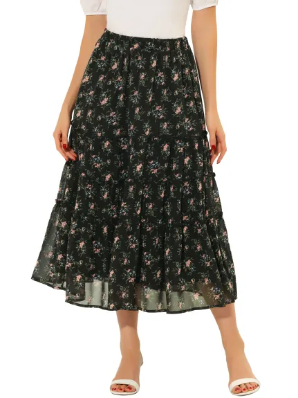 Allegra K- Floral Tiered A-Line Long Chiffon Skirt