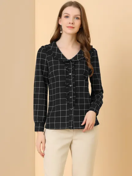 Allegra K- Ruffle Long Sleeve Doll Collared Plaid Shirt