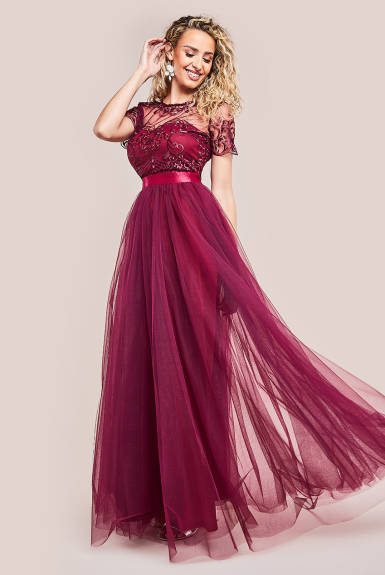 Goddiva - Embroidered Mesh Maxi Dress