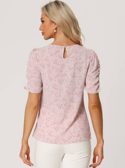 Allegra K- Floral Crew Neck Shirred Short Sleeve Blouse