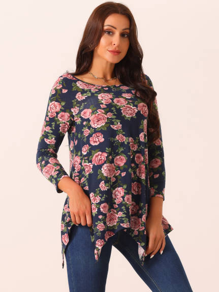 Allegra K - Floral 3/4 Sleeve Asymmetrical Tunic Top