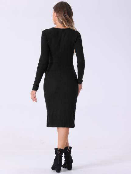 Allegra K - V-Neck Tie Waist Bodycon Sweater Dress