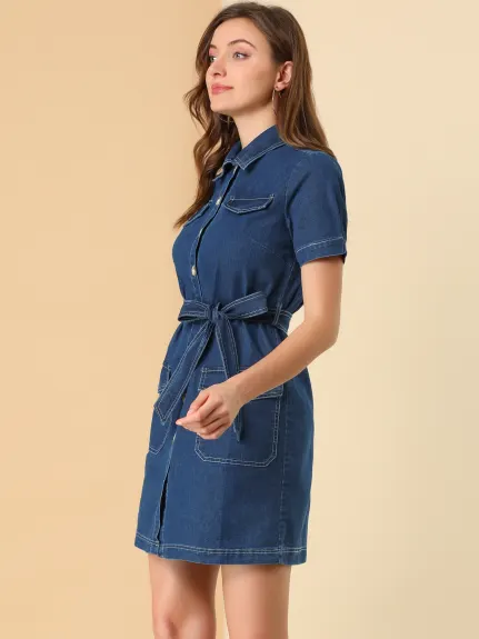 Allegra K- Belted Jean Denim ShirtDress