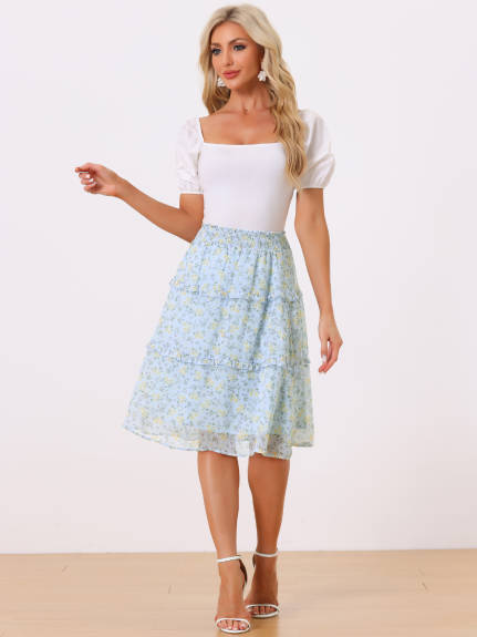 Allegra K- Smocked Waist Ruffle Tiered Floral Skirt