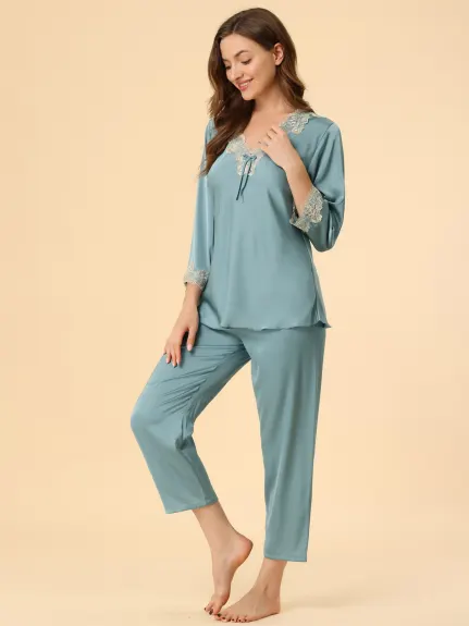 Allegra K - Lace Trim Solid Pajama Sets