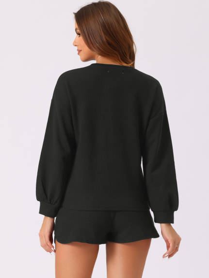 Cheibear - Waffle Knit Long Sleeve Lounge Set