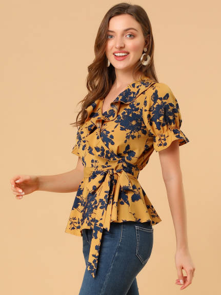 Allegra K- Floral Short Sleeve Ruffled Peplum Blouse