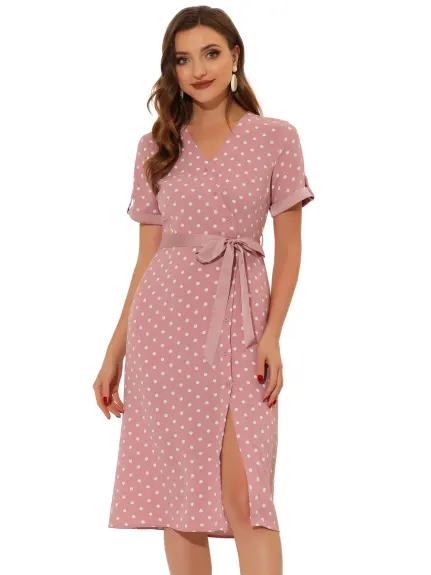 Allegra K- V Neck Polka Dots Button Decor Split Belted Dress